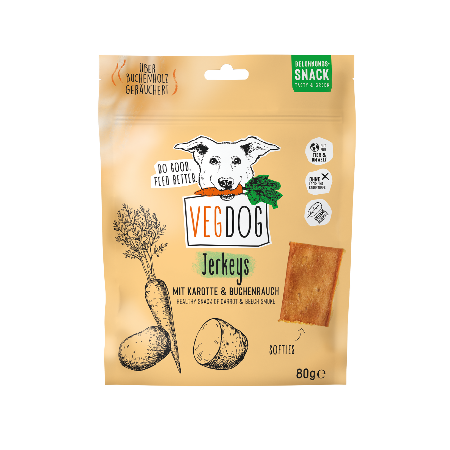 VEGDOG Jerkeys Karotten & Buchenrauch 80g