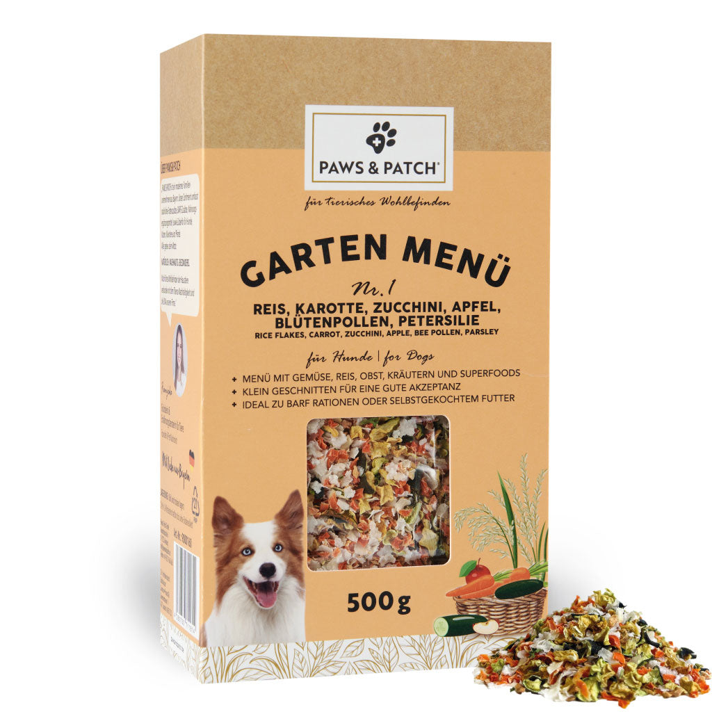 Paws & Patch GARTEN MENÜ Nr. 1 für Hunde 500g - Reis, Karotte, Zucchini, Apfel, Blütenpollen, Petersilie